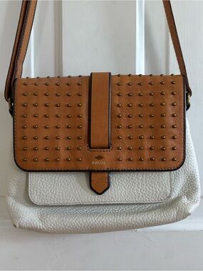 Fossil Two-Tone Studded Leather Crossbody — Tan & White